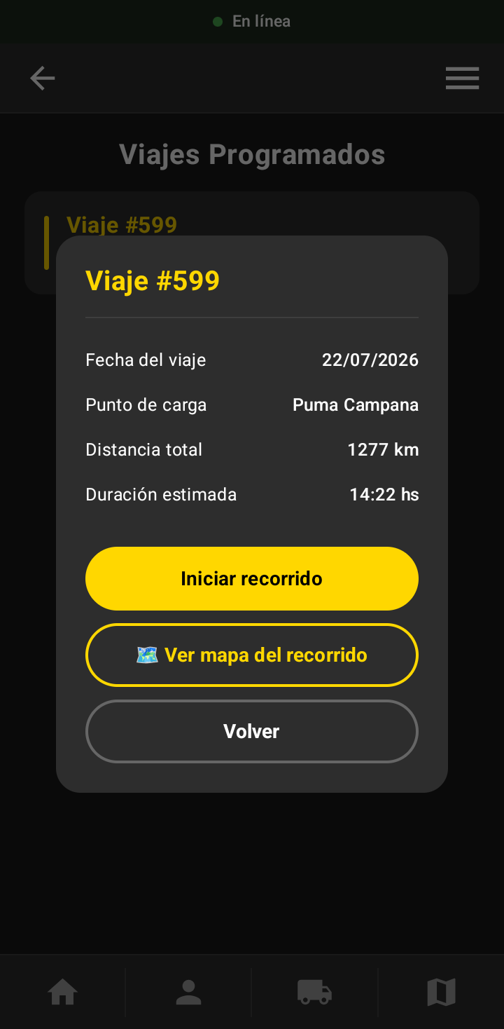 Detalle de un viaje programado con la opción de iniciar el recorrido