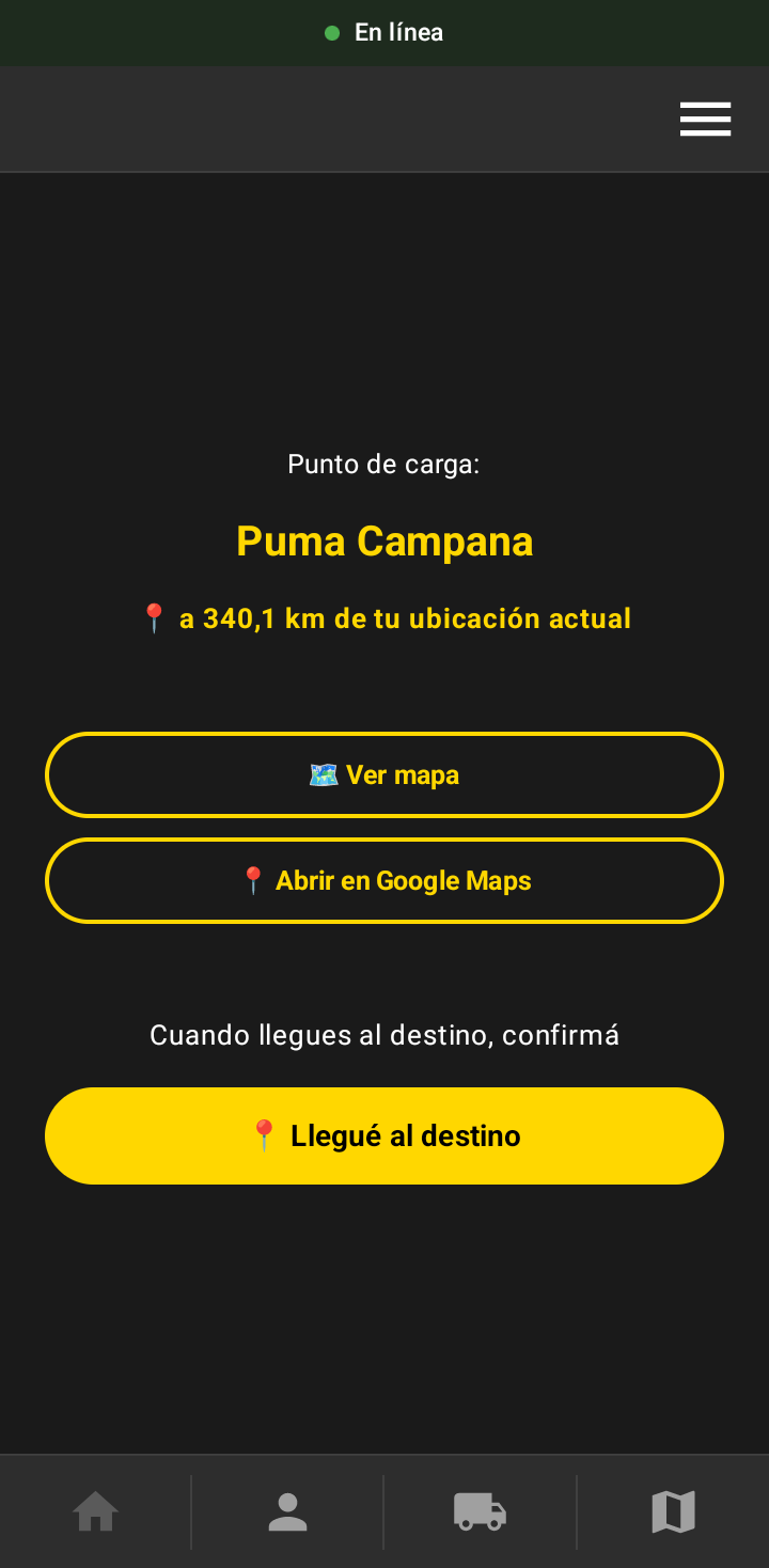 Pantalla del destino en curso con el botón Llegué al destino