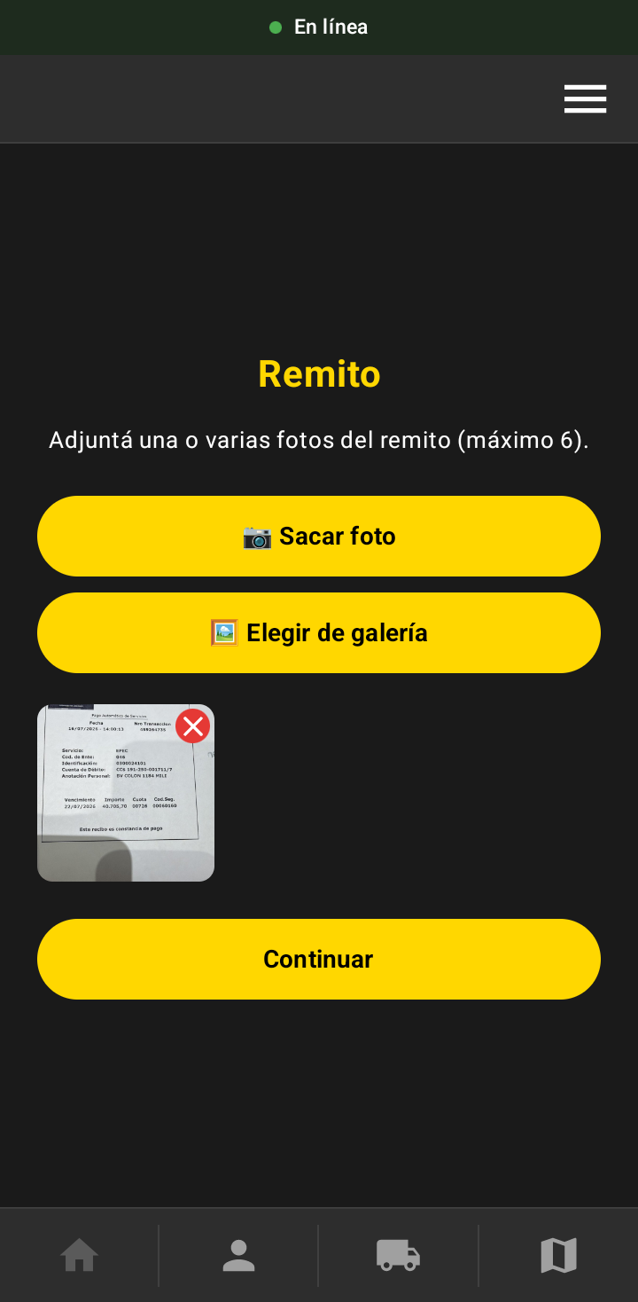 Pantalla para adjuntar fotos del remito